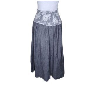 Vintage 80s Pleated Western Maxi Skirt Womens Size Small Grey Lace Yoke